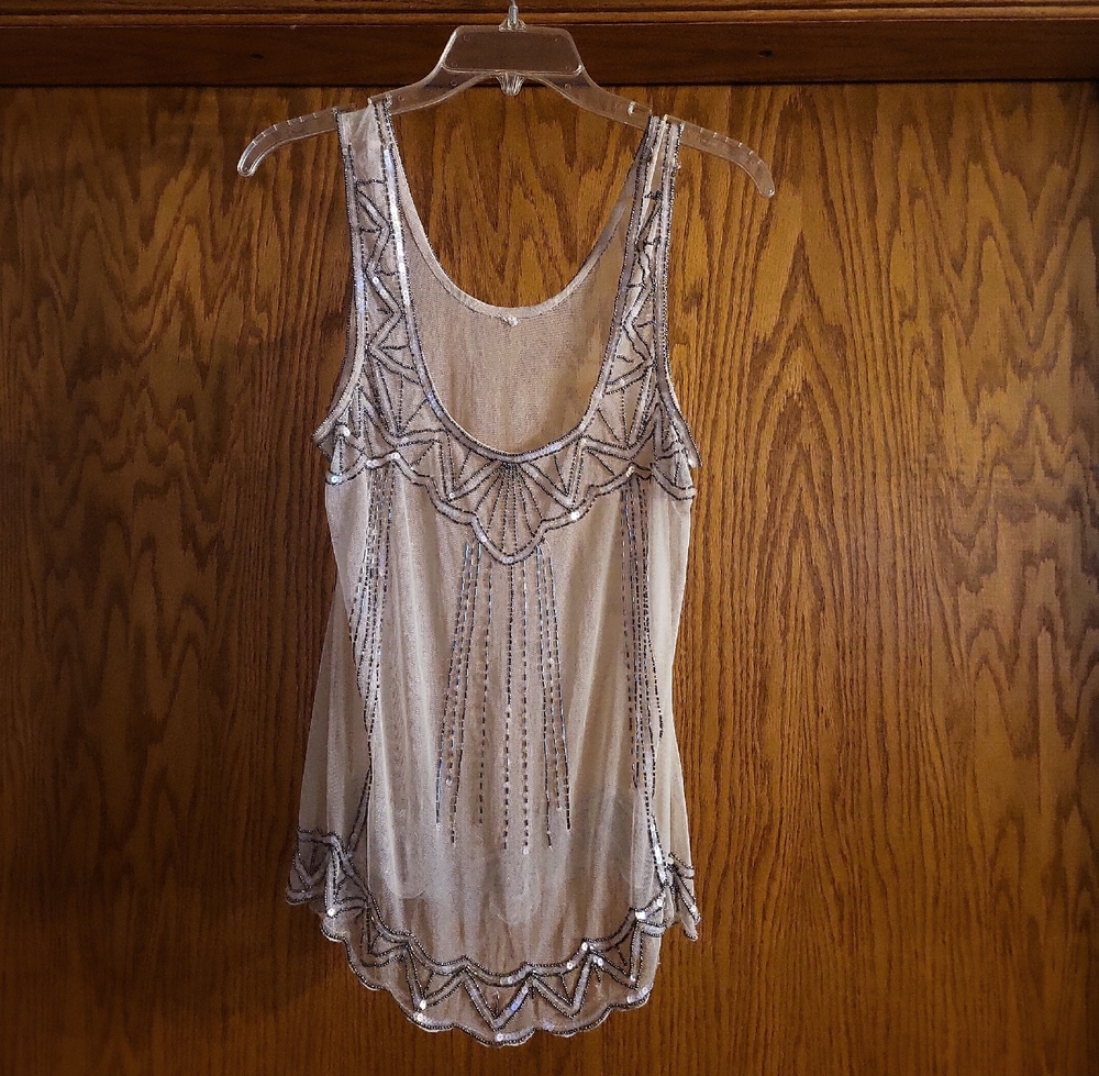 Source Unknown Beige And Black Embellished Tank T… - image 1